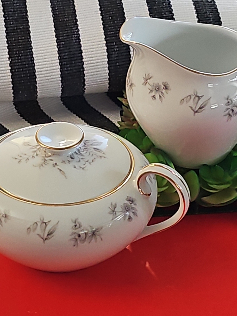 Vintage Meito SHADOW ROSE Porcelain Sugar Bowl and Creamer Set with Gold Trim